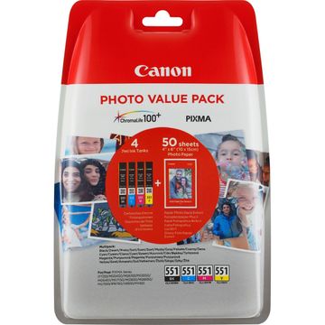 Canon CLI-551 4 Colour Ink Cartridge Multipack / 50 Sheets 4x6 Photo Paper - (6508B005)