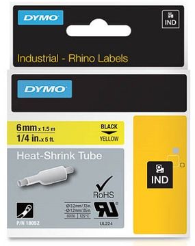 Dymo 18052 Black On Yellow Heat Shrink Non adhesive Tubing 6mm x 1.5m (S0718270)
