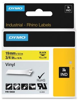 Dymo 18433 Black On Yellow Vinyl Adhesive Labels 19mm x 5.5m