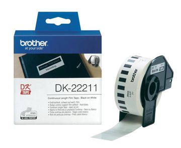 Brother DK-22211 Black On White 29mm x 15.24m Permanent Adhesive Continuous White Film Tape