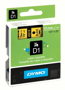 Dymo 45018 Black On Yellow D1 S0720580 Adhesive Labelling Tape 12mm x 7m (S0720580)