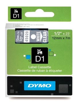 Dymo 45020 White On Clear D1 Adhesive Labelling Tape 12mm x 7m (S0720600 Tape)