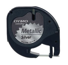 Dymo 91208 Black On Metallic Silver LetraTag Adhesive Label Plastic Tape 12mm x 4m (S0721730)