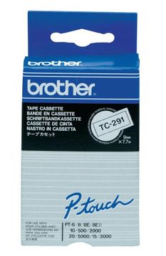 Brother TC-291 Black On White P-Touch Adhesive Labelling Tape 9mm x 7.7m