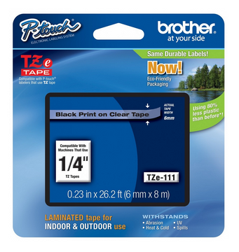 Brother TZe-111 Black On Clear Laminated P-Touch Adhesive Labelling Tape 6mm x 8m