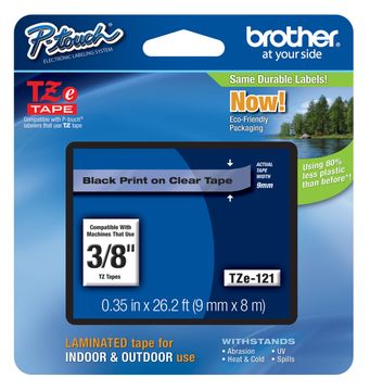 Brother TZe-121 Black On Clear Laminated P-Touch Adhesive Labelling Tape 9mm x 8m
