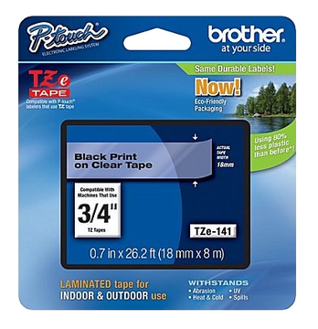 Brother TZe-141 Black On Clear Laminated P-Touch Adhesive Labelling Tape 18mm x 8m