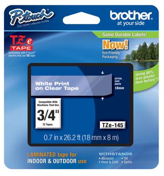 Brother TZe-145 White On Clear Laminated P-Touch Adhesive Labelling Tape 18mm x 8m