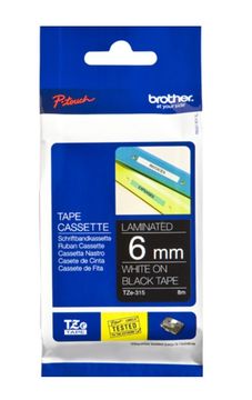 Brother TZe-315 White On Black Laminated P-Touch Adhesive Labelling Tape 6mm x 8m