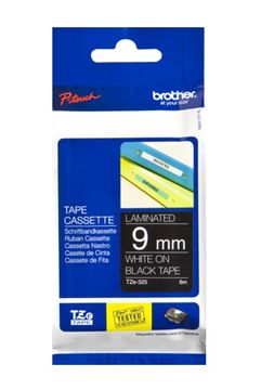 Brother TZe-325 White On Black Laminated P-Touch Adhesive Labelling Tape 9mm x 8m