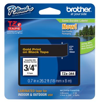 Brother TZe-344 Gold On Black Laminated P-Touch Adhesive Labelling Tape 18mm x 8m