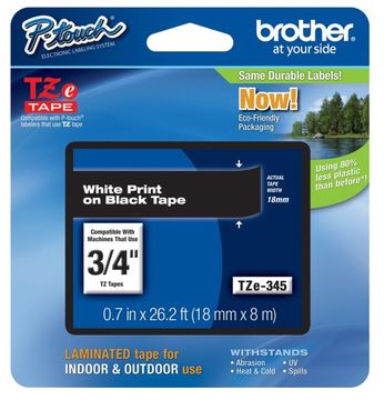 Brother TZe-345 White On Black Laminated P-Touch Adhesive Labelling Tape 18mm x 8m