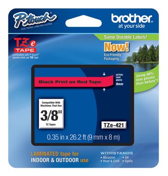 Brother TZe-421 Black On Red Laminated P-Touch Adhesive Labelling Tape 9mm x 8m