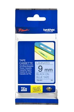 Brother TZe-521 Black On Blue Laminated P-Touch Adhesive Labelling Tape 9mm x 8m