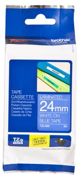 Brother TZe-555 White On Blue Laminated P-Touch Adhesive Labelling Tape 24mm x 8m