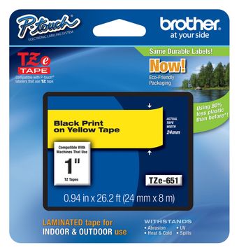 Brother TZe-651 Black On Yellow Laminated P-Touch Adhesive Labelling Tape 24mm x 8m