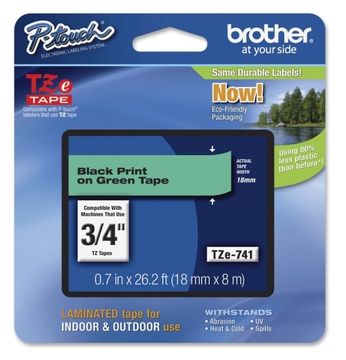 Brother TZe-741 Black On Green Laminated P-Touch Adhesive Labelling Tape 18mm x 8m