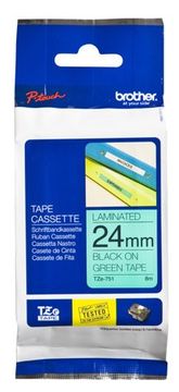 Brother TZe-751 Black On Green Laminated P-Touch Adhesive Labelling Tape 24mm x 8m