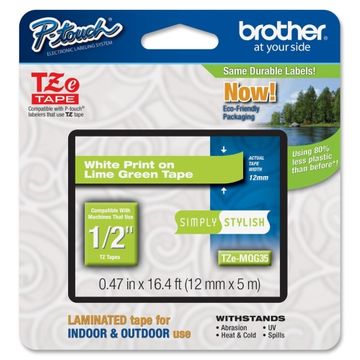 Brother TZe-MQG35 White on Lime Green Laminated P-Touch Adhesive Labelling Tape 12mm x 5m