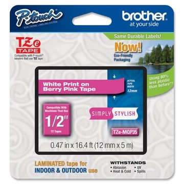 TZe-MQP35 White on Berry Pink Laminated P-Touch Adhesive Labelling Tape 12mm x 5m