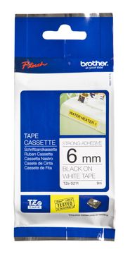 Brother TZe-S211 Black On White Strong Adhesive Laminated P-Touch Labelling Tape 6mm x 8m