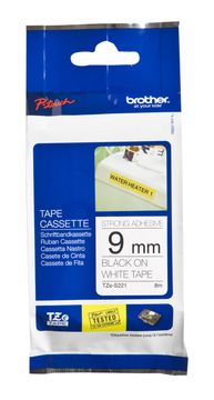 Brother TZe-S221 Black On White Strong Adhesive Laminated P-Touch Labelling Tape 9mm x 8m