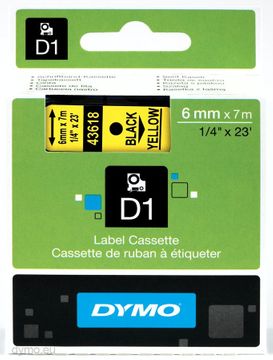 Dymo 43618 Black On Yellow D1 Adhesive Labelling Tape 6mm x 7m (S0720790)
