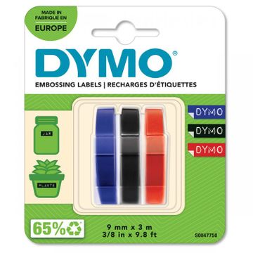 Dymo S0847750 Red, Black and Blue Adhesive Label Tape 3 Pack 9mm x 3m 
