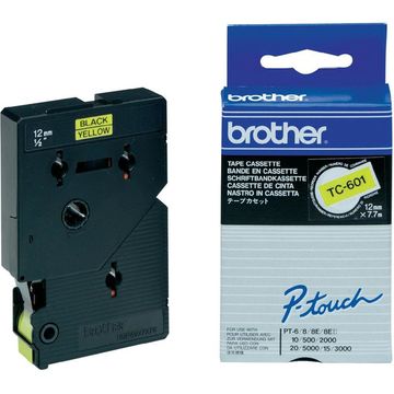 Brother TC-601 Black On Yellow P-Touch Adhesive Labelling Tape 12mm x 7.7m