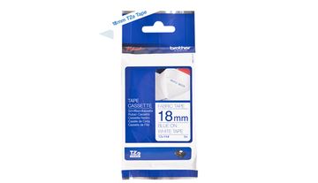 Brother TZE-FA4 Blue On White Adhesive Iron-On Fabric Tape Cassette 18mm x 3m