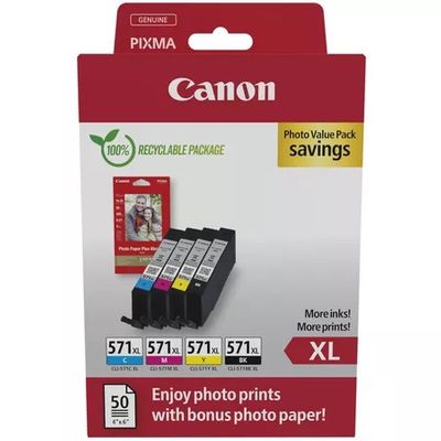 Genuine High Capacity 4 Colour Canon CLI-571XL Ink Cartridge Multipack with Photo Paper - (0332C005 Photo Value Pack)