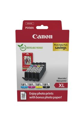 Canon CLI-581XL High Capacity 4 Colour Ink Cartridge & Photo Paper Multipack (2052C006)