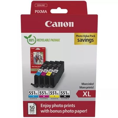 Canon CLI-551XL 4 Colour Ink Cartridge Multipack with Photo Paper - (6443B006)