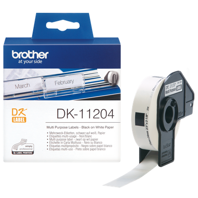 Brother DK-11204 400 x Black On White 17mm x 54mm Adhesive Multi Purpose Labels Paper