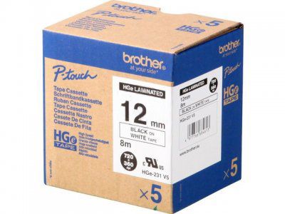 Brother HGE-231V5 Black On White High Grade Adhesive Labelling Tape 5 Pack 12mm x 8m