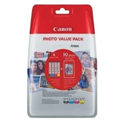 Canon CLI-571 4 Colour Ink Cartridge Multipack / 50 sheets 4x6 Photo Paper - (0386C006)