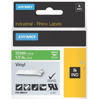 Dymo 1805414 White On Green Vinyl Adhesive Labels 12mm x 5.5m