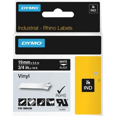 Dymo 1805436 White On Black Vinyl Adhesive Labels 19mm x 5.5m