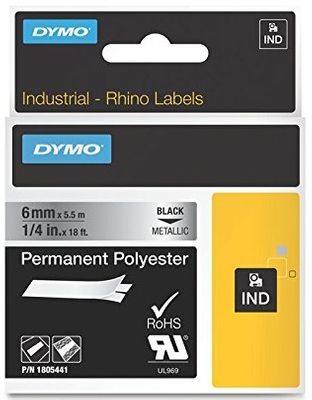 Dymo Black On Metallic Permanent Polyester Adhesive Tape 6mm x 5.5m (1805441)