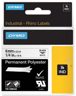 Dymo Black On White Permanent Polyester Adhesive Tape 6mm x 5.5m (1805442)