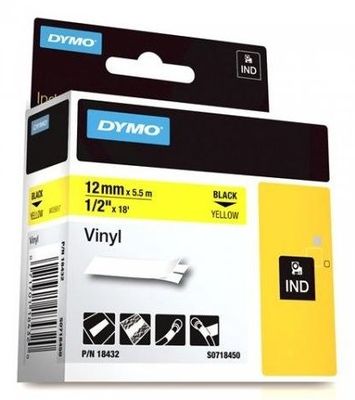 Dymo 18432 Black On Yellow Vinyl Adhesive Labels 12mm x 5.5m (S0718450)