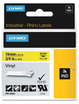 Dymo 18433 Black On Yellow Vinyl Adhesive Labels 19mm x 5.5m