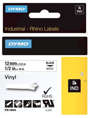 Dymo 18444 Black On White Vinyl Adhesive Tape 12mm x 5.5m