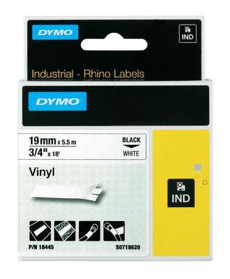 Dymo 18445 Black On White Vinyl Adhesive Labels 19mm x 5.5m (S0718620)