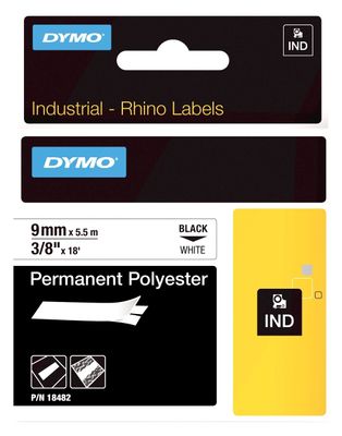 Dymo 18482 Black On White Permanent Polyester Adhesive Tape 9mm x 5.5m