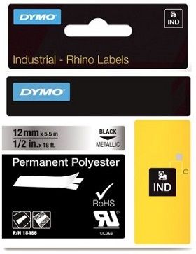 Dymo 18486 Black On Metallic 12mm x 5.5m Polyester Adhesive Tape Cartridge (S0718180)