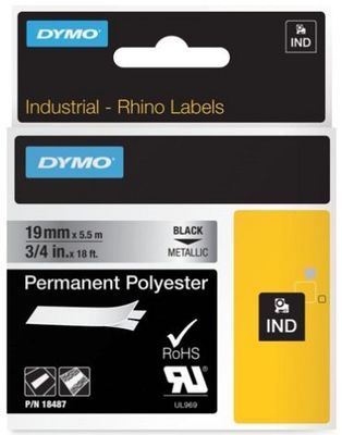 Dymo 18487 Black On Metallic 19mm x 5.5m Polyester Adhesive Tape Cartridge (S0718200)
