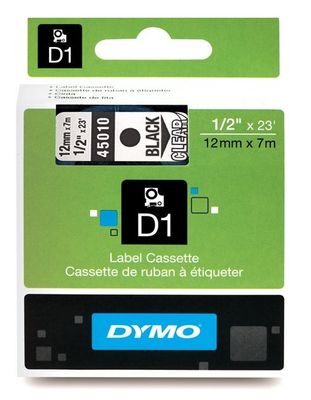 Dymo Black On Clear D1 Adhesive Labelling Tape 12mm x 7m (45010)