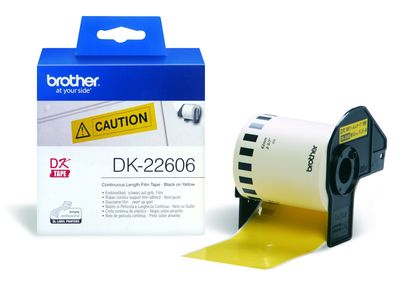Brother DK-22606 Black On Yellow 62mm x 15.24m Strong Adhesive Continuous Film Tape Paper