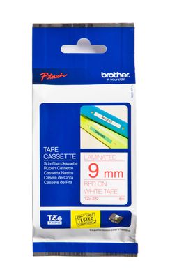Brother TZe-222 Red On White Laminated P-Touch Adhesive Labelling Tape 9mm x 8m